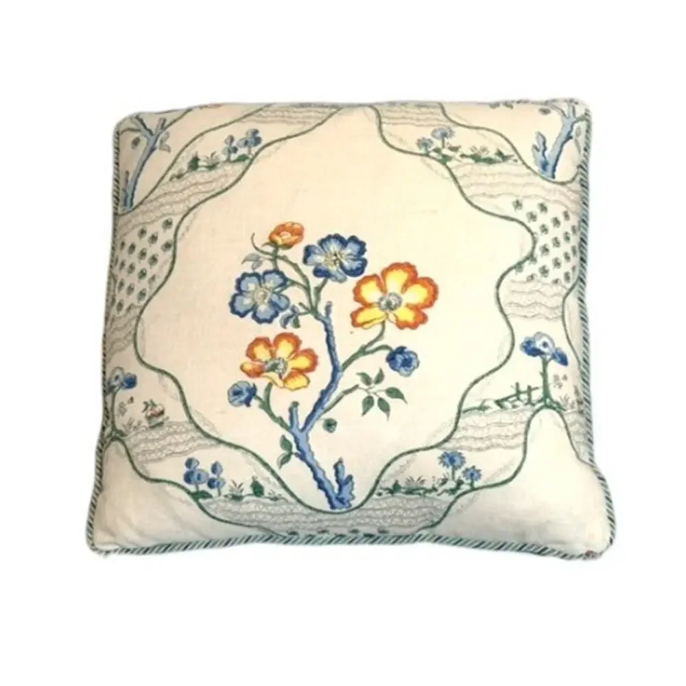 Pair of Custom Schumacher Marella Delft Embroidered Pillows 15x15 Down Inserts